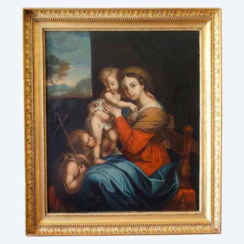 Scuola francese del XVIII secolo - Vergine in cattedra con il Bambino Gesù secondo Raffaello 89x101 cm