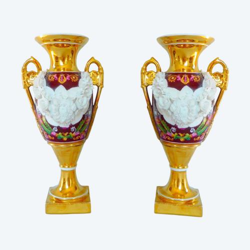 Pair Of Medici Empire Vases In Polychrome, Gilded And Biscuit Porcelain