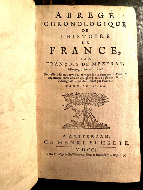 Chronological summary of the History of France by François de Mézeray, in 5 beautiful volumes in vellum from the time in Amsterdam Henri Schelte 1701