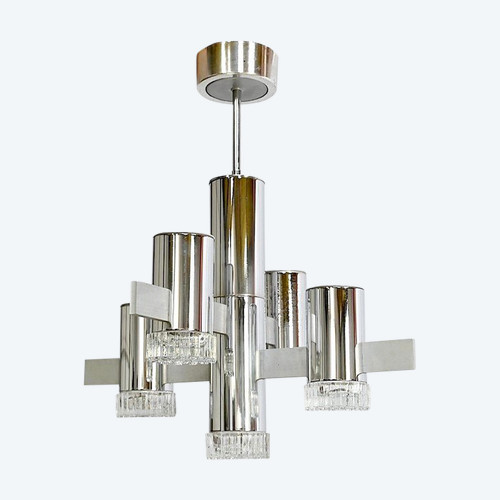 Lustre Moderniste à 5 bras de lumière, Gaetano Sciolari, Italie – 1960