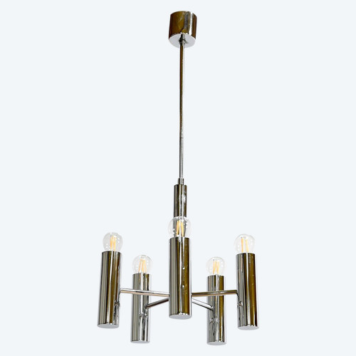 Lustre Moderniste à 5 bras de lumière, Gaetano Sciolari, Italie – 1960