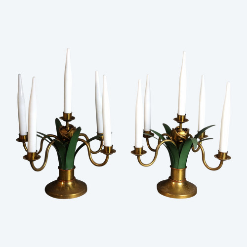 paire de lampes XX en tôle peinte et laiton doré 