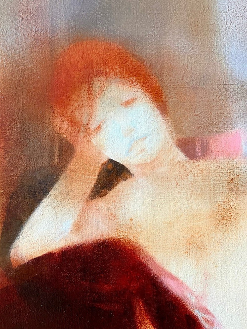 Daniel Gelis (né En 1942), Tableau Années 1970 "nu Au Divan Rouge".