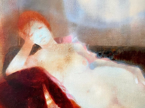 Daniel Gelis (né En 1942), Tableau Années 1970 "nu Au Divan Rouge".