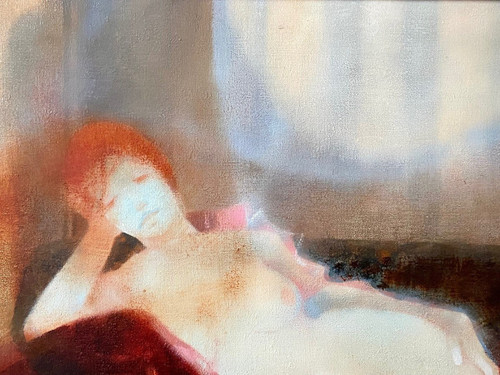 Daniel Gelis (né En 1942), Tableau Années 1970 "nu Au Divan Rouge".