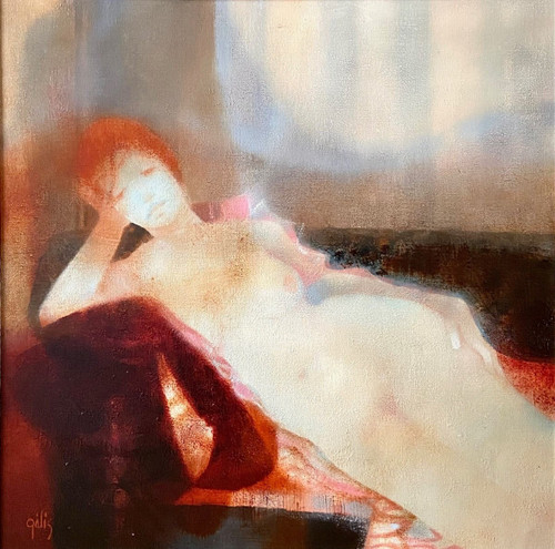 Daniel Gelis (né En 1942), Tableau Années 1970 "nu Au Divan Rouge".