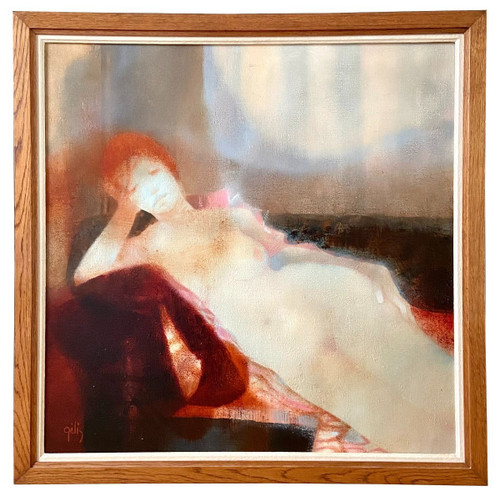 Daniel Gelis (né En 1942), Tableau Années 1970 "nu Au Divan Rouge".