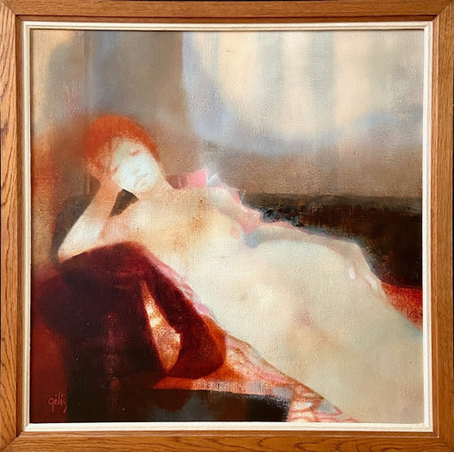 Daniel Gelis (né En 1942), Tableau Années 1970 "nu Au Divan Rouge".