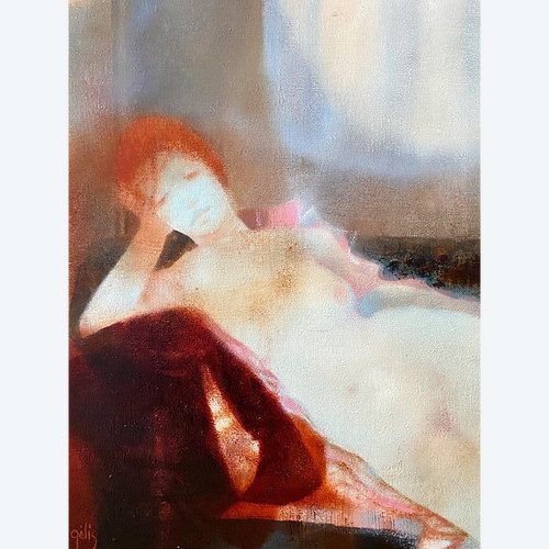 Daniel Gelis (né En 1942), Tableau Années 1970 "nu Au Divan Rouge".