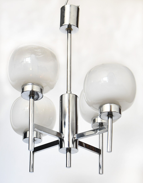 Attributed to Gaetano Sciolari for Mazzega - "Space Age" chandelier in chromed metal and glass