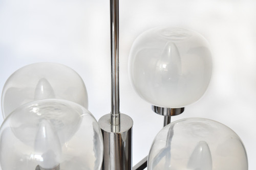 Attributed to Gaetano Sciolari for Mazzega - "Space Age" chandelier in chromed metal and glass