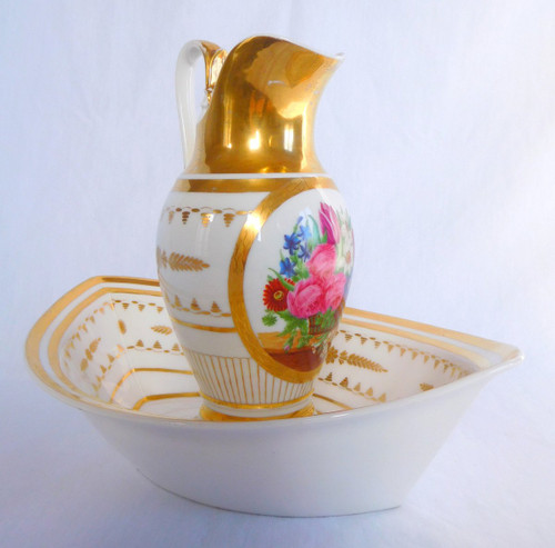 Lavabo De Toilette En Porcelaine De Paris : Aiguière & Son Bassin d'époque Empire Restauration