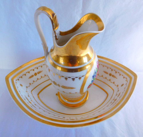 Lavabo De Toilette En Porcelaine De Paris : Aiguière & Son Bassin d'époque Empire Restauration