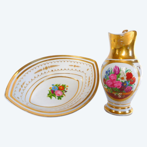 Lavabo De Toilette En Porcelaine De Paris : Aiguière & Son Bassin d'époque Empire Restauration