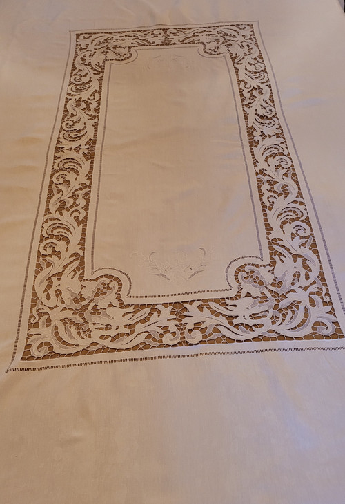 Servizio da tavola (tovaglia e 10 tovaglioli) ricamo Richelieu, circa 1900