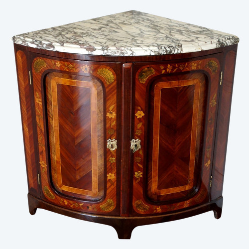 Buffet d'angolo di transizione d'epoca Luigi XV in pregiato intarsio floreale