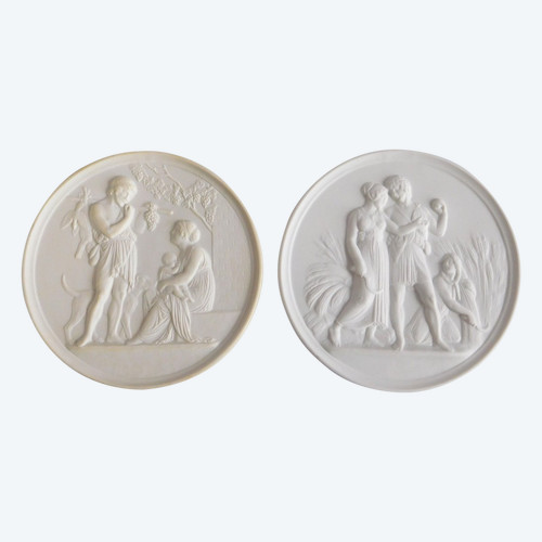 Pair Of Neoclassical Empire Style Porcelain Biscuit Medallions - Ceres And Bacchus