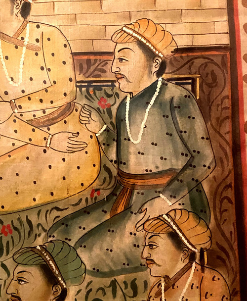 Belle grande gouache Indienne du 19ème siècle bien encadrée représentant des Dignitaires dans un jardin clos de palais