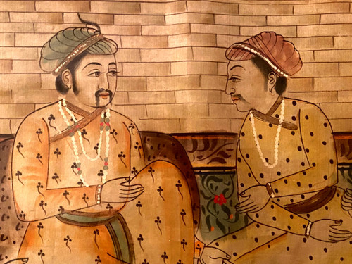 Belle grande gouache Indienne du 19ème siècle bien encadrée représentant des Dignitaires dans un jardin clos de palais
