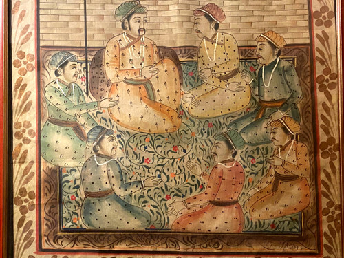 Belle grande gouache Indienne du 19ème siècle bien encadrée représentant des Dignitaires dans un jardin clos de palais
