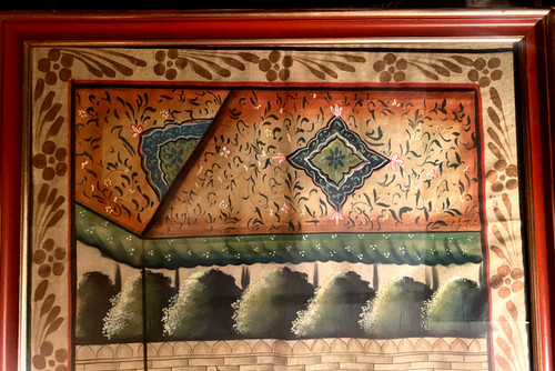 Belle grande gouache Indienne du 19ème siècle bien encadrée représentant des Dignitaires dans un jardin clos de palais