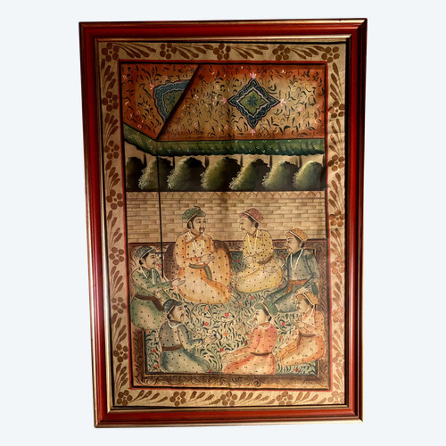 Belle grande gouache Indienne du 19ème siècle bien encadrée représentant des Dignitaires dans un jardin clos de palais