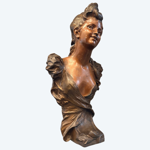 Auguste Moreau, busto scultoreo in stile Art Nouveau di giovane ragazza firmato del XIX secolo