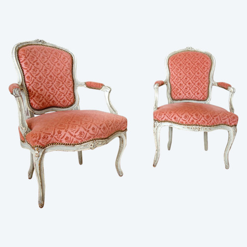 Pair Of Louis XV Period Cabriolet Armchairs In Stamped Velvet - 18th Century