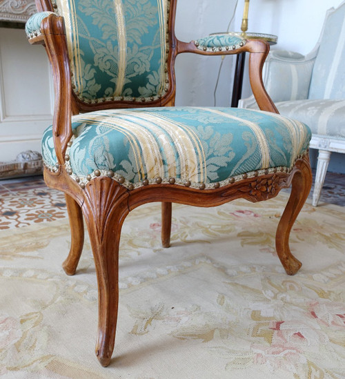 Suite De 4 Fauteuils Cabriolets d'époque Louis XV  En Bois Naturel, Soierie Verte - 18e siècle