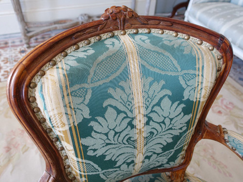 Suite De 4 Fauteuils Cabriolets d'époque Louis XV  En Bois Naturel, Soierie Verte - 18e siècle