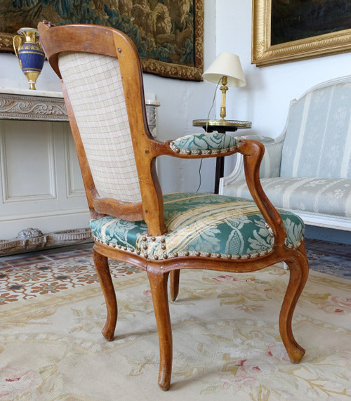 Suite De 4 Fauteuils Cabriolets d'époque Louis XV  En Bois Naturel, Soierie Verte - 18e siècle