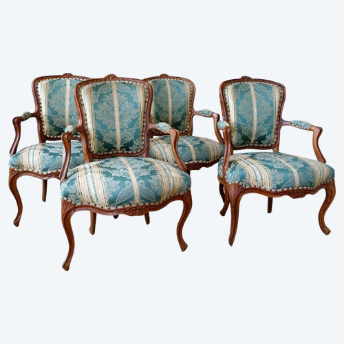 Suite De 4 Fauteuils Cabriolets d'époque Louis XV  En Bois Naturel, Soierie Verte - 18e siècle