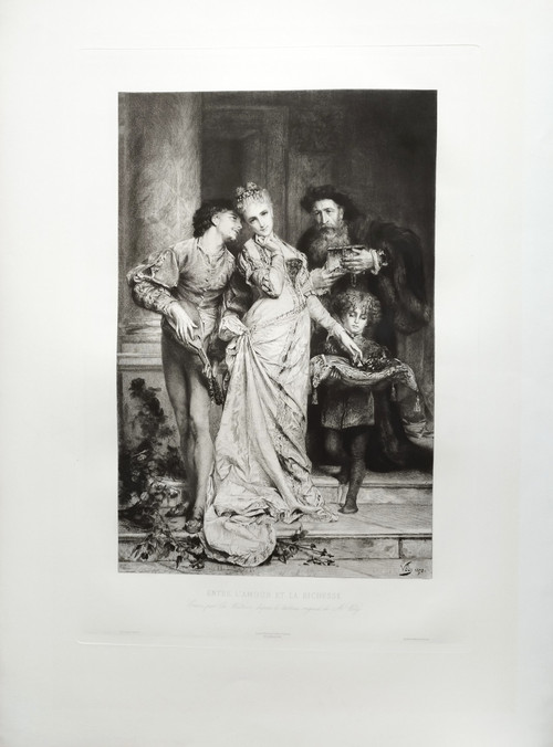 Etching Between Love And Wealth Engraving After Anatole Vély 19th C Old Print