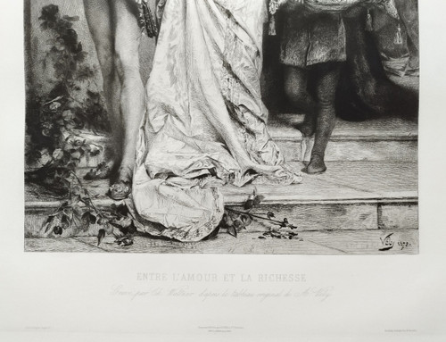 Etching Between Love And Wealth Engraving After Anatole Vély 19th C Old Print