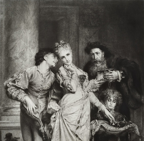 Etching Between Love And Wealth Engraving After Anatole Vély 19th C Old Print