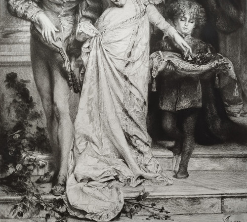 Etching Between Love And Wealth Engraving After Anatole Vély 19th C Old Print