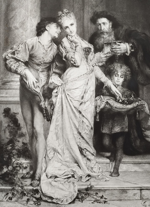 Etching Between Love And Wealth Engraving After Anatole Vély 19th C Old Print