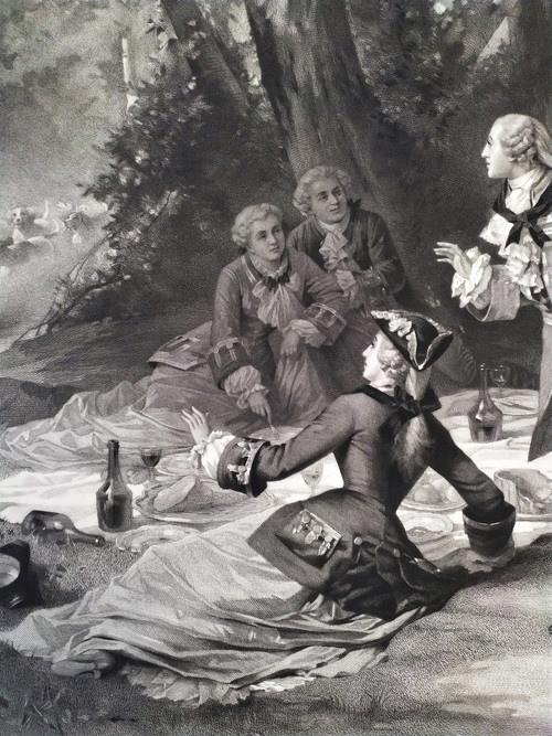 Großer Jagdstich Louis XV. Und Marquise De Pompadour nach Antoine Morlon