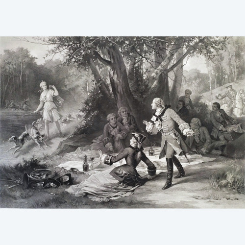 Großer Jagdstich Louis XV. Und Marquise De Pompadour nach Antoine Morlon