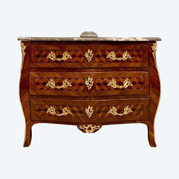 Curved Commode In Marquetry Louis XV Period Around 1750