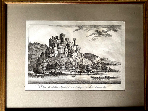 Paire de gravures sur acier encadrées baguette dorée de la France romantique 1ère et 2ème vue de Château Gaillard des Andelys en haute Normandie