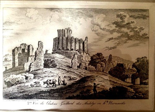 Paire de gravures sur acier encadrées baguette dorée de la France romantique 1ère et 2ème vue de Château Gaillard des Andelys en haute Normandie