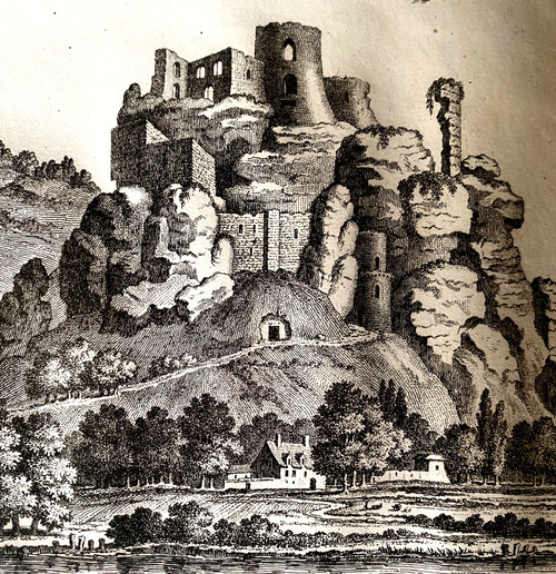 Paire de gravures sur acier encadrées baguette dorée de la France romantique 1ère et 2ème vue de Château Gaillard des Andelys en haute Normandie