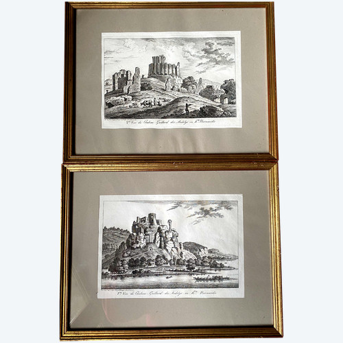 Paire de gravures sur acier encadrées baguette dorée de la France romantique 1ère et 2ème vue de Château Gaillard des Andelys en haute Normandie