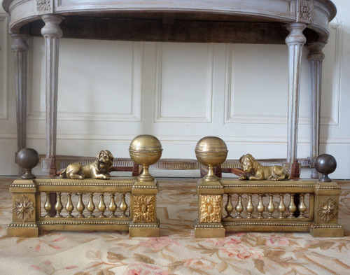 Paire De Grands Chenêts De Château En Bronze Ciselé d'époque Louis XVI - Modèle Aux Lions