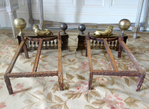 Paire De Grands Chenêts De Château En Bronze Ciselé d'époque Louis XVI - Modèle Aux Lions