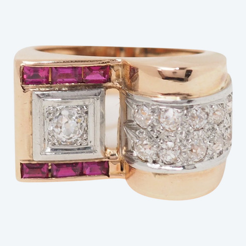 Bague Tank en or jaune, rubis et diamants