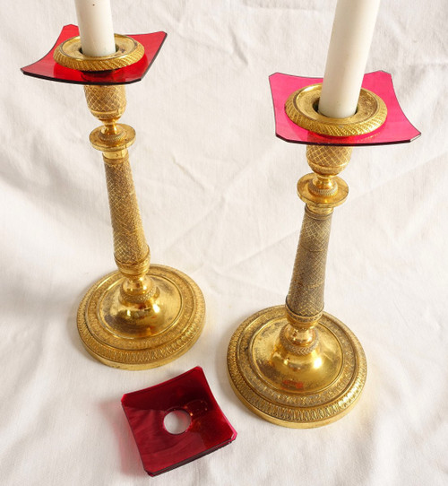 Série De 6 Bobêches De Bougeoirs Ou De Lustre En Cristal Rouge - 19e Siècle