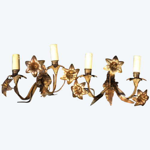 Pair of gold-plated electrified wall lights