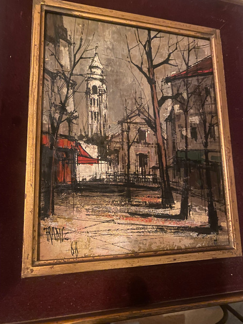  Très belle et étrange vue de Montmartre en 1966 huile sur toile encadrée signée Franc , suiveur de Buffet
